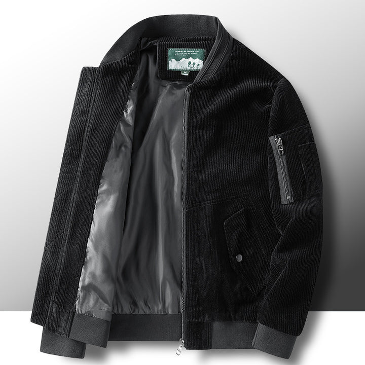 Herren Kord-Vintage-Bomberjacke mit leichtem Thermofutter, Ärmel-Reißverschlusstasche und Rippbündchen – Brevano