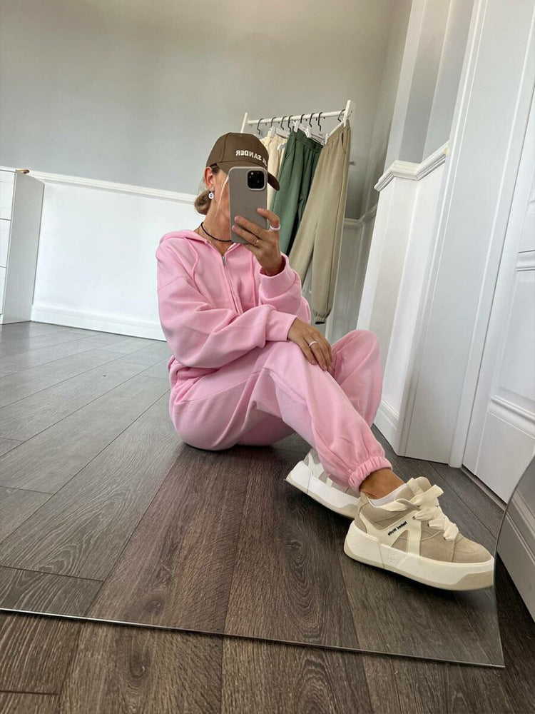 Damen lässiges Kapuzen-Sweatshirt und Jogginghose Set in Oversize-Passform mit Reißverschluss und Kängurutasche – Avérine