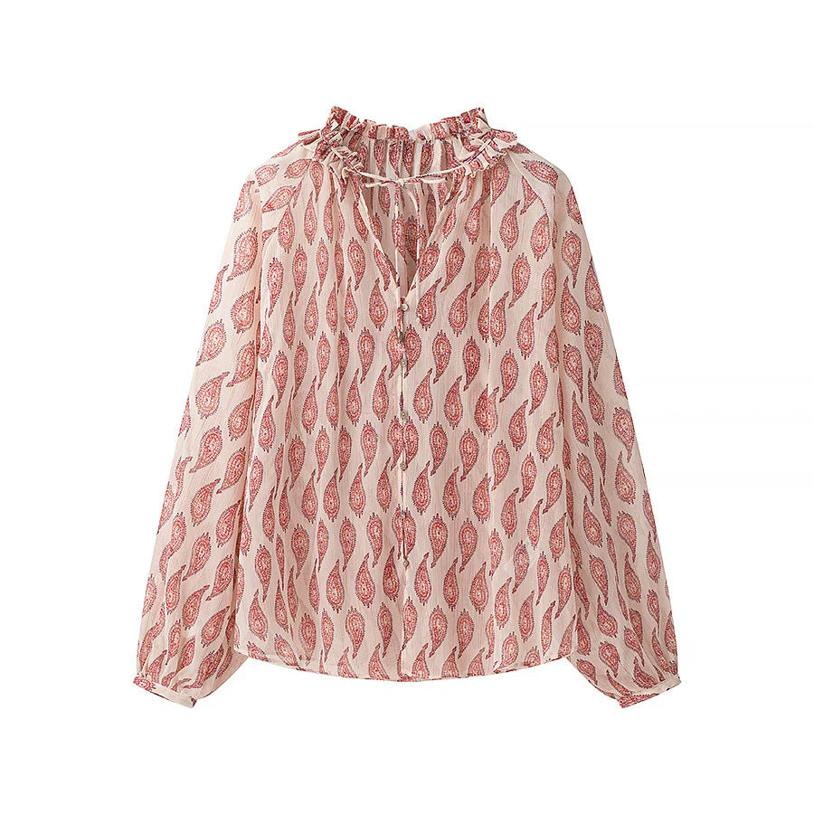 Damen nan locker geschnittene Chiffonbluse mit Rüschenkragen und Bandverschluss Echo Archiv
