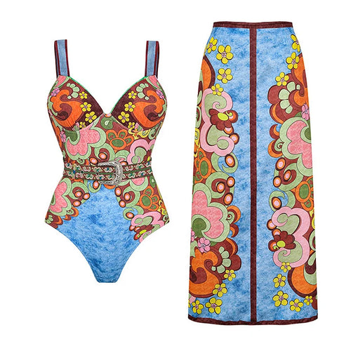Damen Vintage Badeanzug mit buntem Muster und Schmuckgürtel Echo Archiv