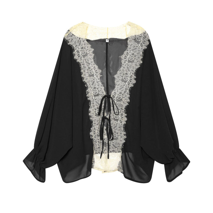 Damen Chiffonbluse mit tiefem V-Spitzeinsatz, lockeren Trompetenärmeln und Bindebändern – Élovi