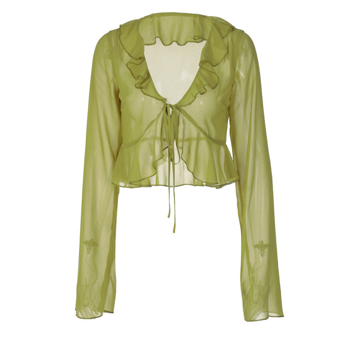 Damen Transparente Langarmbluse mit Rüschen und Bindegürtel Echo Archiv