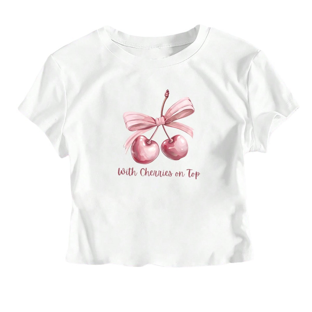 Damen Kurzarm Crop-T-Shirt mit fröhlichem Kirschmotiv und Schleifenapplikation Echo Archiv