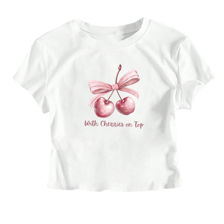 Damen Kurzarm Crop-T-Shirt mit fröhlichem Kirschmotiv und Schleifenapplikation Echo Archiv