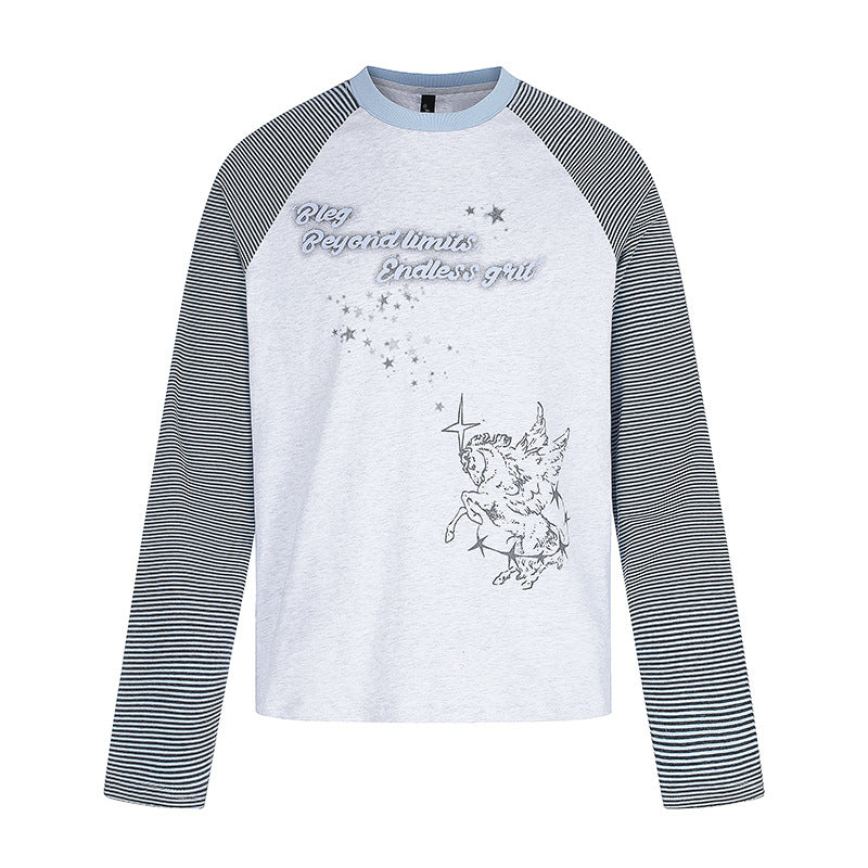 Damen Raglan-Langarmshirt im Astral-Motiv mit feinen Streifenärmeln und Relief-Print Echoarchiv