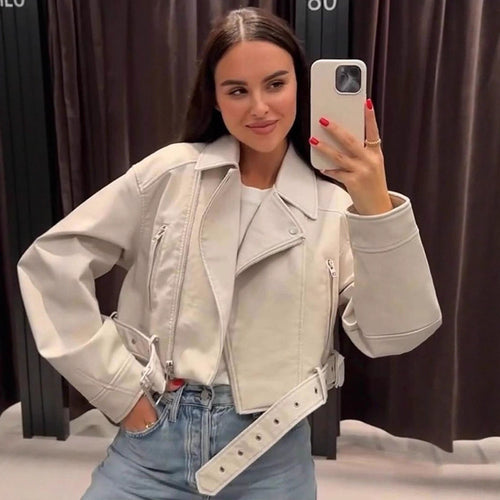 Damen Kurzgeschnittene Bikerjacke aus Kunstleder mit Taillengürtel Echoarchiv