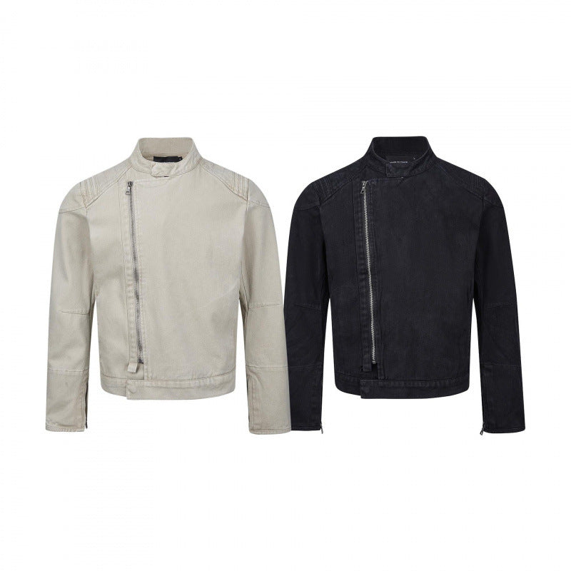 Herren Asymmetrische Kurzjacke im Biker-Stil mit Stehkragen und schrägem Metallreißverschluss Echo Archiv