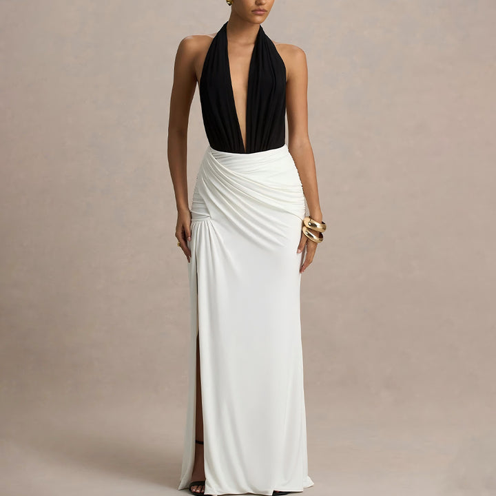 Damen Elegantes Maxikleid mit tiefem V-Ausschnitt und gerafftem Rock Echo Archiv