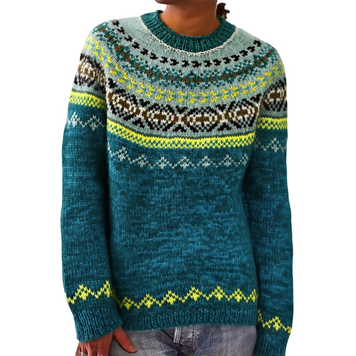 Damen nan melierter Rundhalsausschnittpullover mit kreisförmigem Jacquard-Yoke und geripptem Saum Echo Archiv