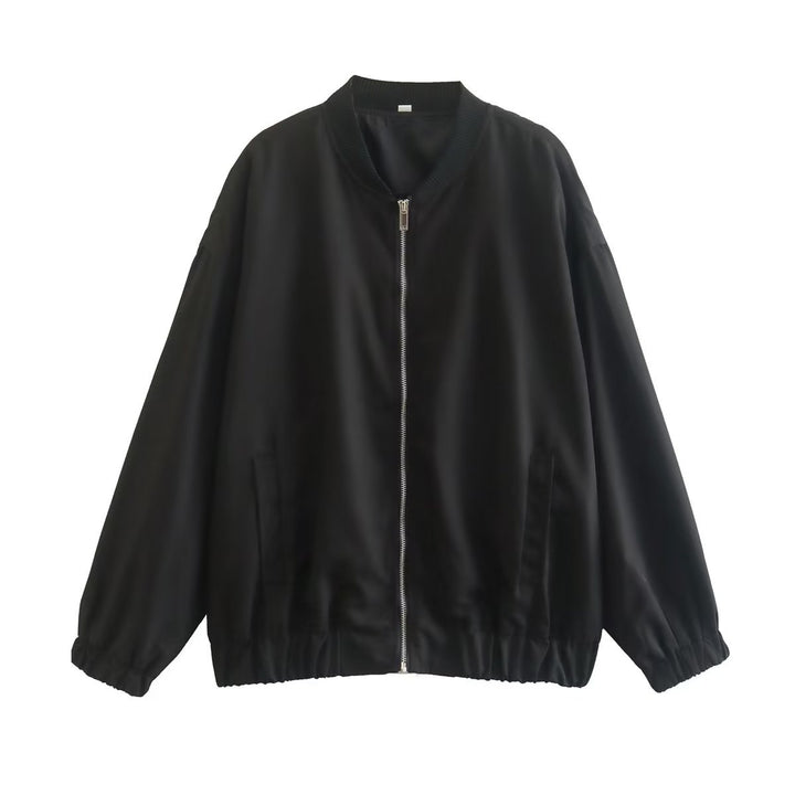 Unisex leichter Oversize-Bomber mit durchgehendem Metallreißverschluss geripptem Kragen und elastischem Saum – Brevano