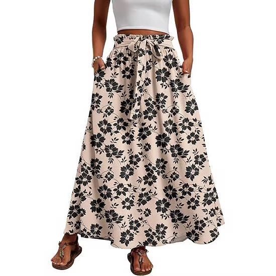 Damen Maxi-Rock mit Paperbag-Taillengürtel, Bindegürtel und Seitentaschen Echoarchiv