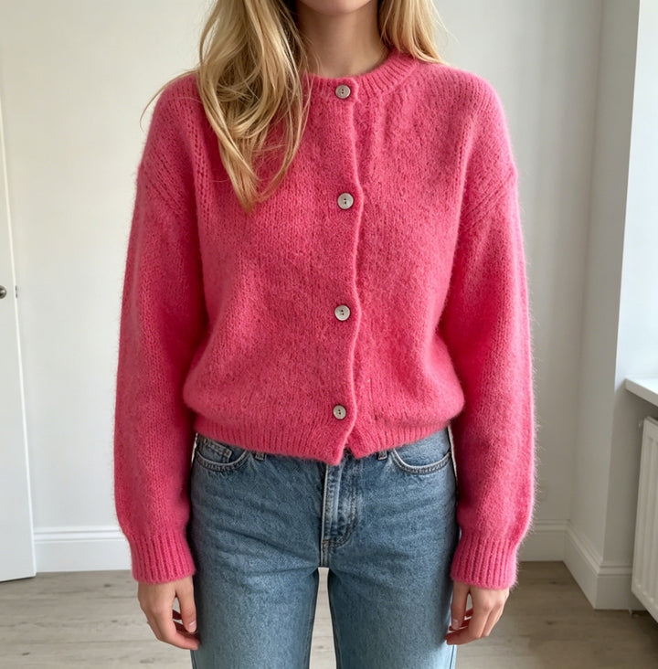 Damen Kuschelige Mohair-Optik Strickjacke mit Rundhals und Ballonärmeln – Veloura