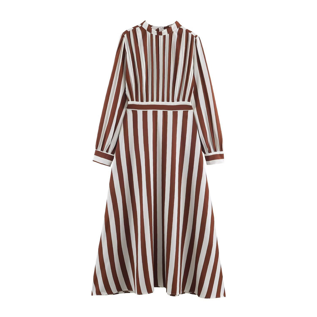 Damen Gestreiftes Midikleid mit Stehkragen, tailliertem Gürtel und ausgestelltem A-Linien-Rock Echoarchiv