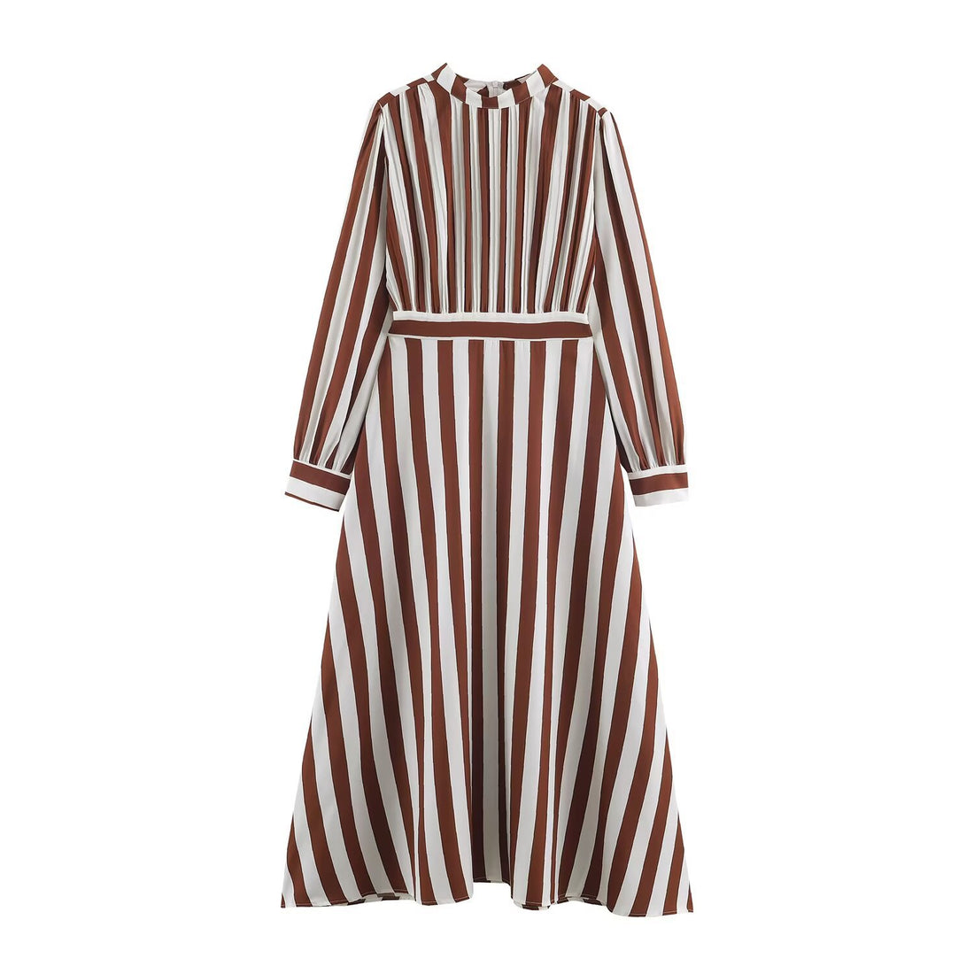 Damen Gestreiftes Midikleid mit Stehkragen, tailliertem Gürtel und ausgestelltem A-Linien-Rock Echoarchiv