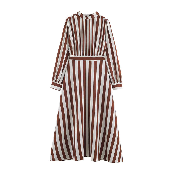 Damen Gestreiftes Midikleid mit Stehkragen, tailliertem Gürtel und ausgestelltem A-Linien-Rock Echoarchiv