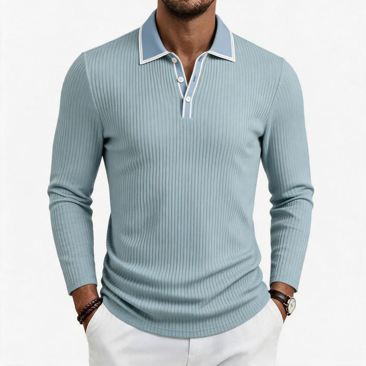 Herren fein geripptes Langarm-Poloshirt aus elastischer Merino-Mixqualität mit Kontrastkanten – Cavello