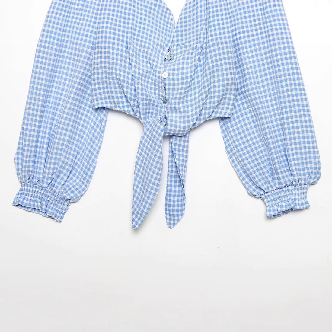 Damen Cropped-Bindeshirt mit Vichy-Karo, Rüschensaum und Ballonärmeln Echoarchiv