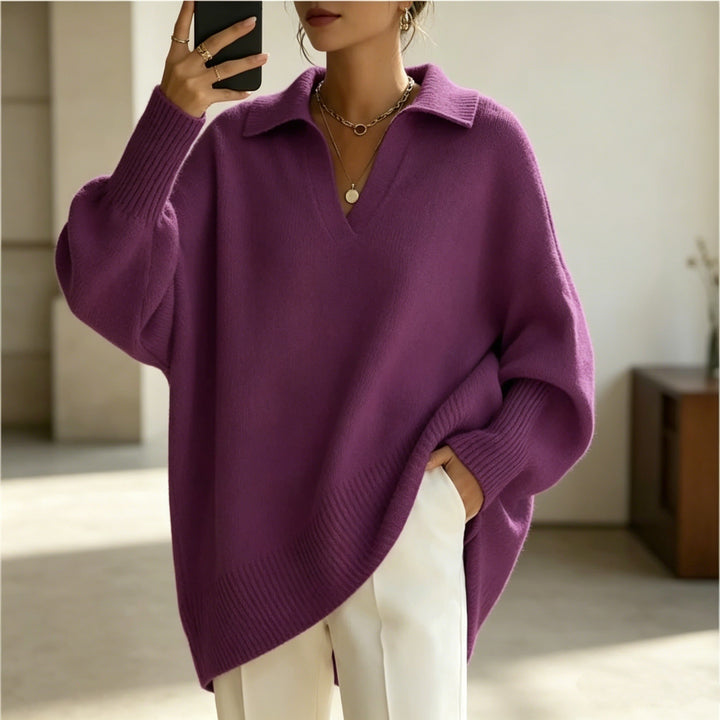 Damen Oversize-Polokragen V-Ausschnitt Strickpullover mit Ballonärmeln – Mavelle