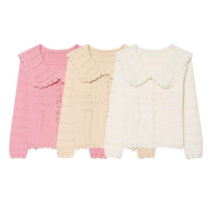 Damen Strickcardigan mit großem scallop-Kragen, Strukturmuster und Zierknopfleiste Echo Archiv