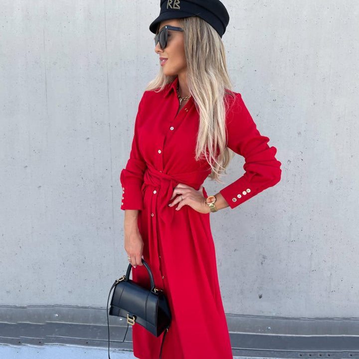 Damen Tailliertes Hemdblusen-Midikleid mit Bindegürtel, Manschetten und Frontschlitz Echoarchiv