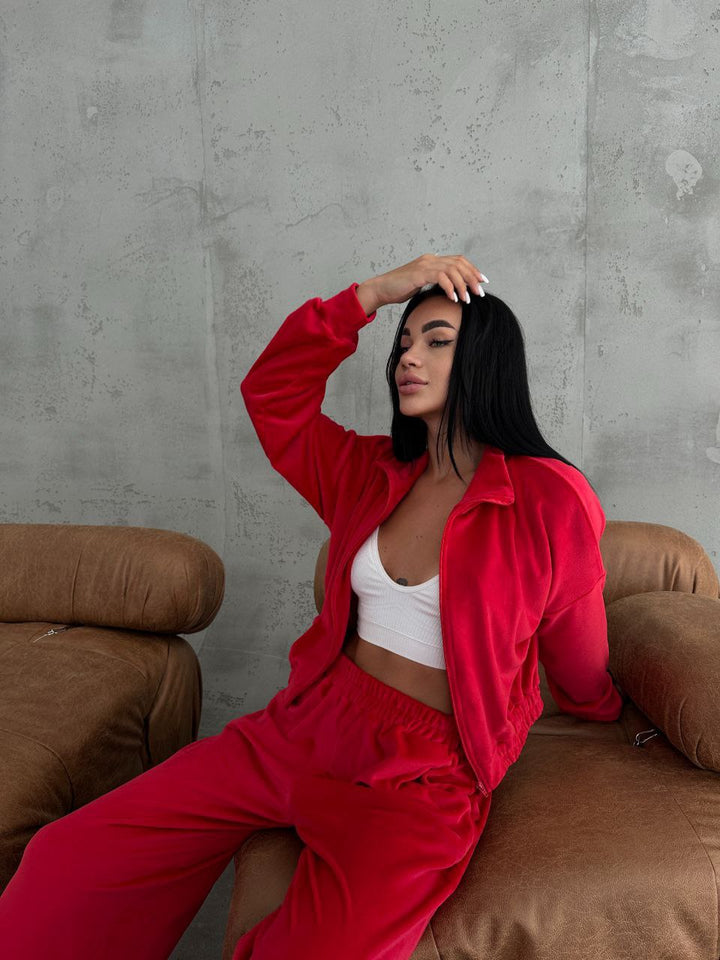 Damen Samt-Loungewear-Set mit kurzem Reißverschluss und geraffter Taillenpartie – Élanora