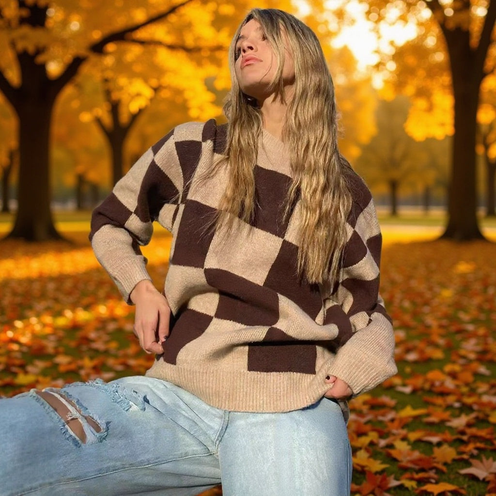 Damen Oversize-Strickpullover mit großem Karo‑Muster und geripptem Saum Echo Archiv