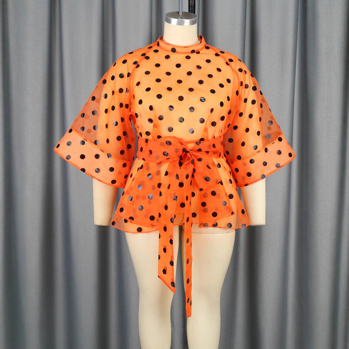 Damen Chiffonbluse mit transparentem Polka-Dots-Design und tailliertem Bindegürtel Echo Archiv