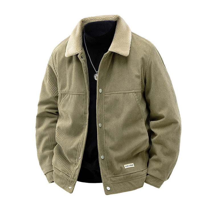 Men's ribbed corduroy snap-front workwear jacket with sherpa-lined collar and angled hand pockets – Taviero
