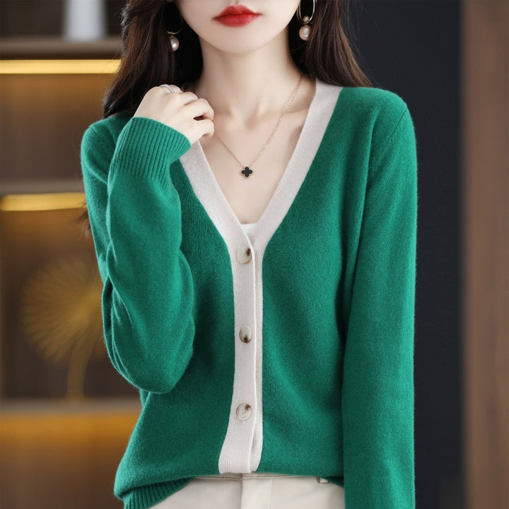Damen Kontrastbesetzter V‑Neck-Feinstrickcardigan mit Perlmuttknöpfen Echoarchiv