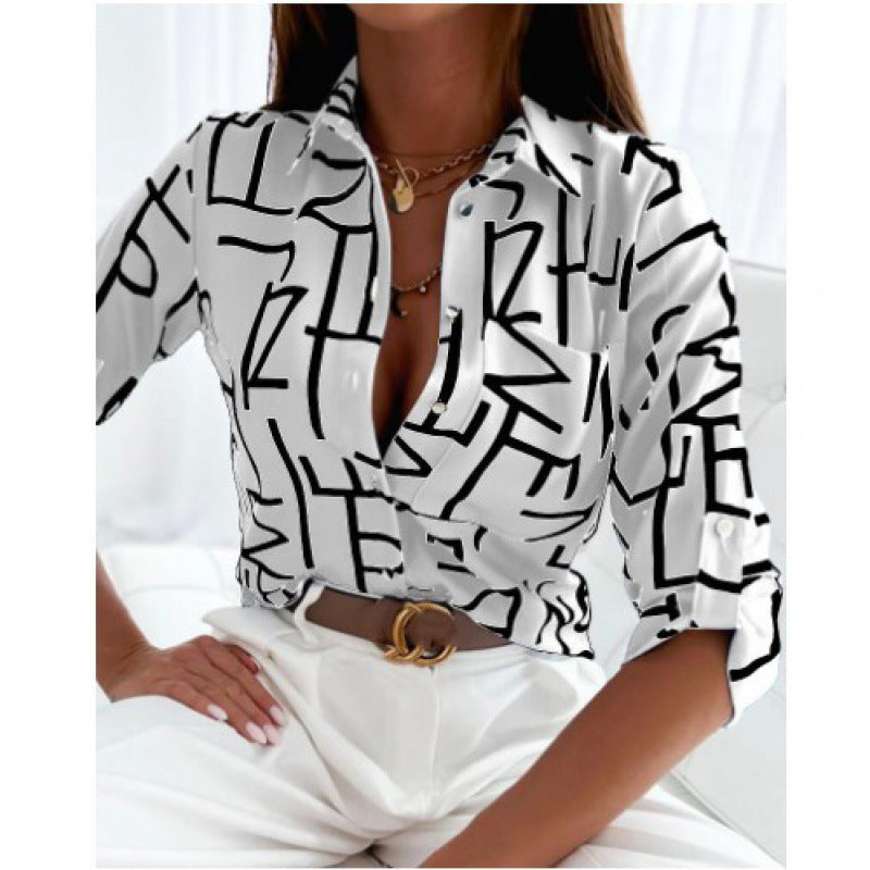 Damen Satin-Hemdbluse mit grafischem Allover-Print und tailliertem Schnitt Echo Archiv