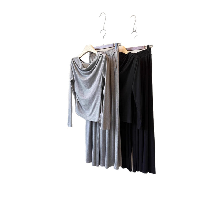Damen Zweiteiliges Jersey-Set mit asymmetrischem Wasserfallkragen und weitem Maxirock – Élanora