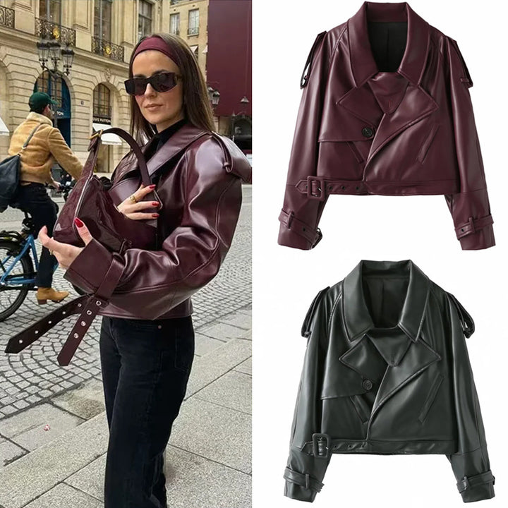 Damen cropped Kunstleder-Trenchblouson mit Schalkragen, Taillengürtel und verstellbaren Manschettenriemen – Célinea