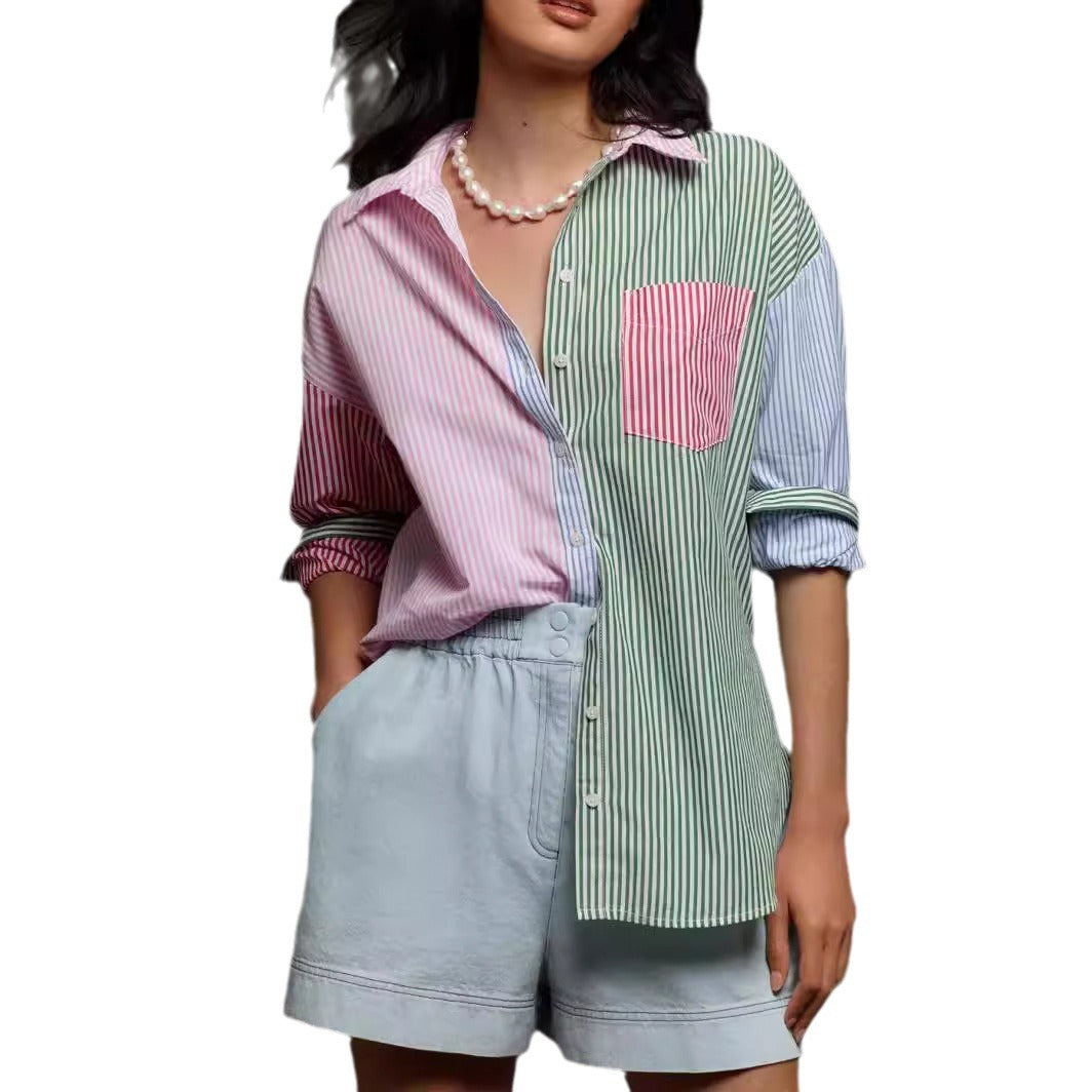 Damen Patchwork-gestreifte Oversize-Hemdbluse mit Brusttasche – Avérine
