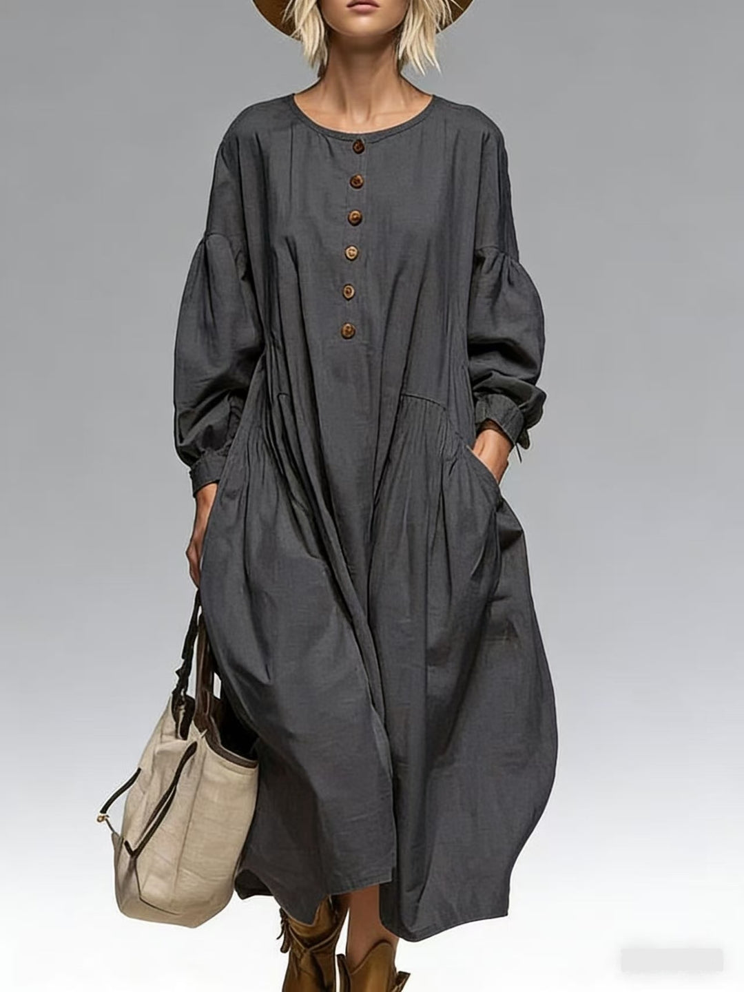 Damen Lässiges Midi-Kleid mit Knopfleiste, Ballonärmeln und Eingrifftaschen – Élara
