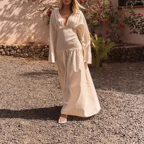 Damen Langes Boho-Maxi-Kleid mit Smock-Taillenband, tiefem V‑Ausschnitt und weiten Ballonärmeln – Valéora
