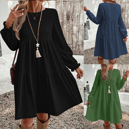 Damen Stufiges Babydoll‑Kleid mit langen Ballonärmeln und Rüschenbündchen – Lunéa