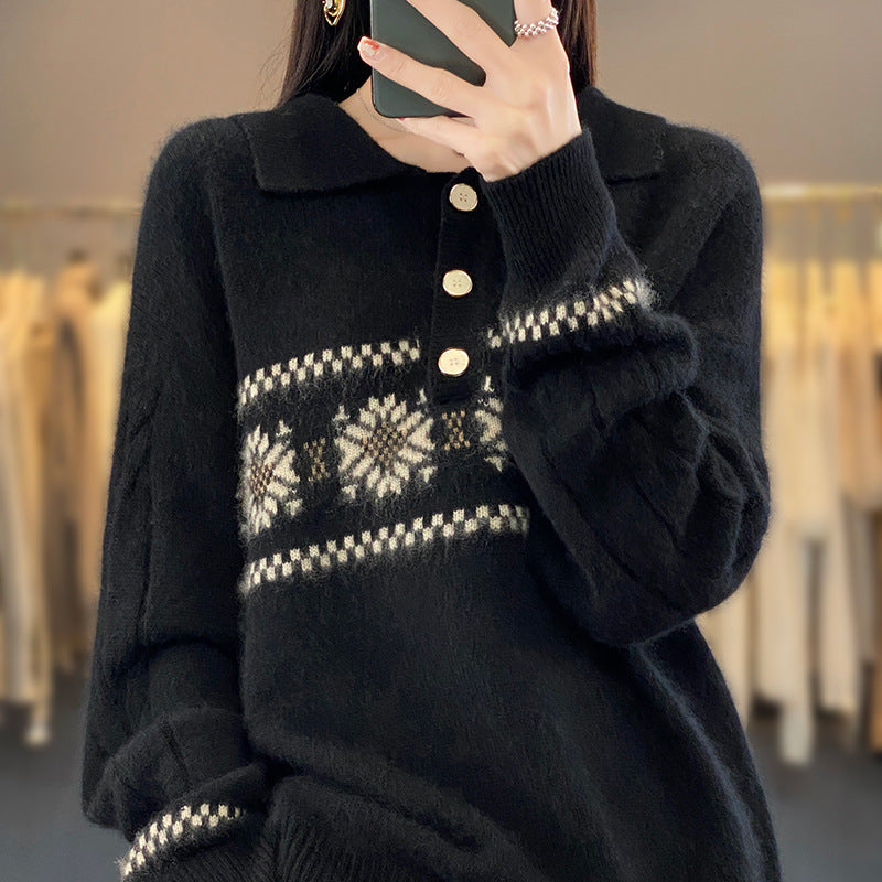 Damen Oversize-Polokragen-Strickpullover mit Norweger‑Motiv und Raglanärmeln Echoarchiv