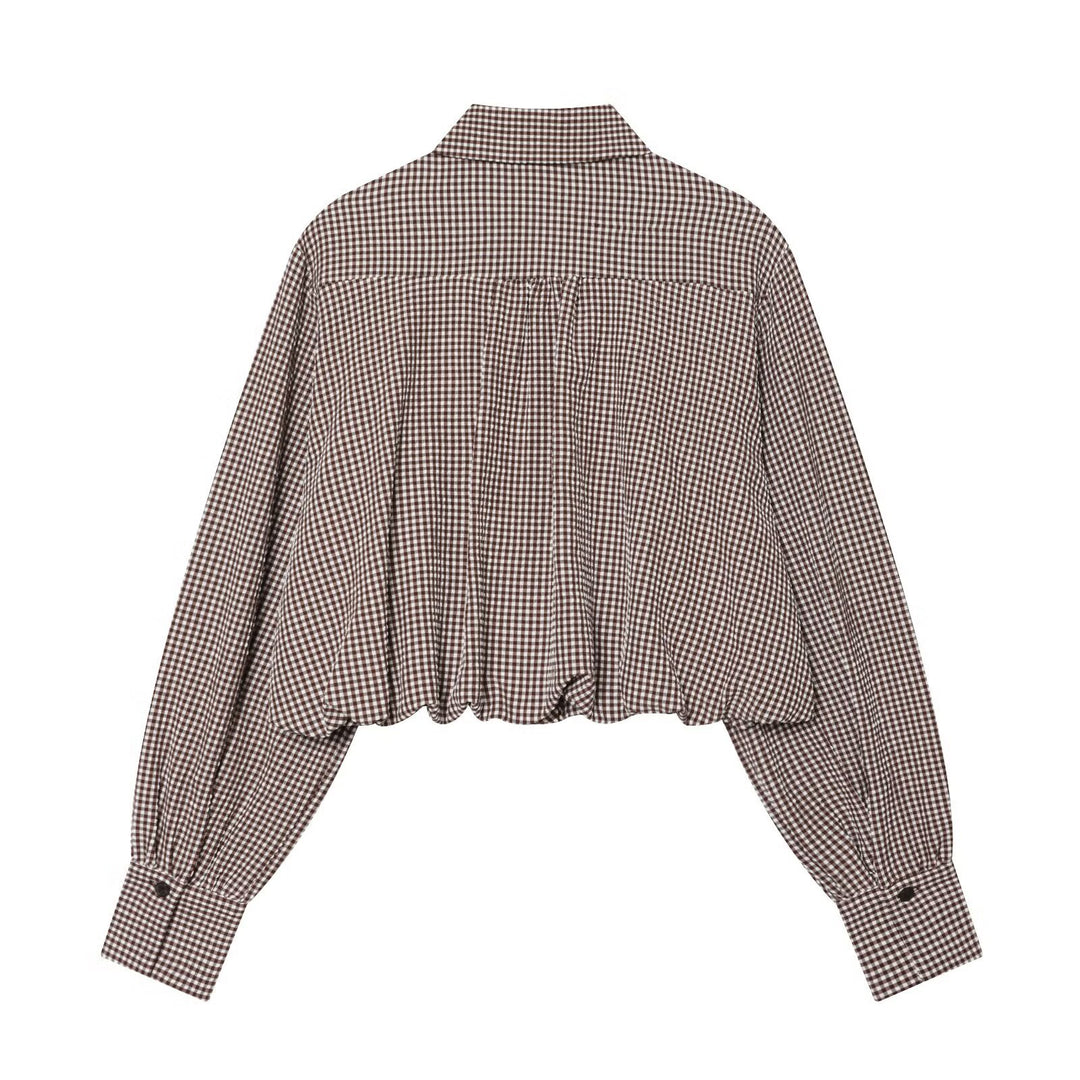 Damen Karo-Cropped-Hemdbluse mit Ballonärmeln, Brusttasche und elastischem Saum Echo Archiv