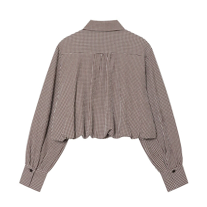 Damen Karo-Cropped-Hemdbluse mit Ballonärmeln, Brusttasche und elastischem Saum Echo Archiv