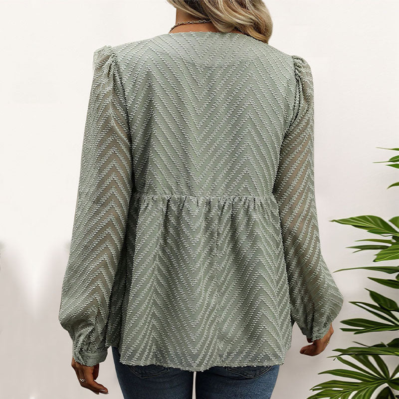 Damen Chiffon-Peplum-Bluse mit Chevron-Struktur, geraffter Empire-Taille & Knopfleiste Echoarchiv