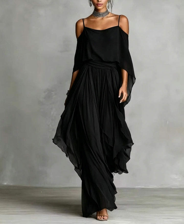 Damen Lange Chiffon Maxi Kleid mit Kaltem Schulter, Spaghetti-Träger und Geschichtetem Cape – Valéora