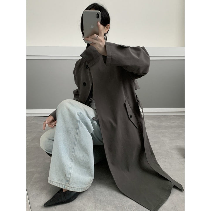 Damen Midilanger Trenchcoat mit hohem Stehkragen, Bindegürtel und lässiger Oversize-Silhouette Echoarchiv