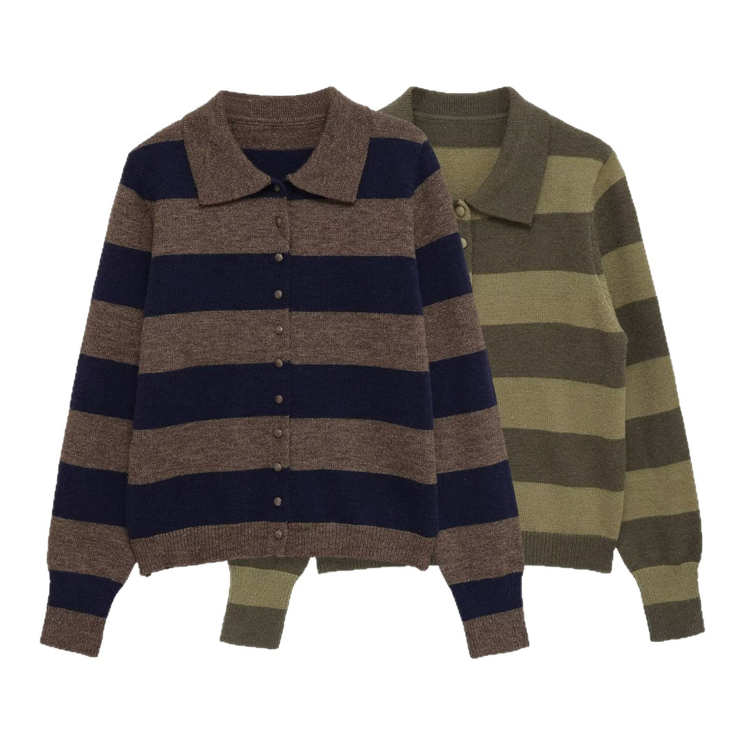 Damen Gestreifte Strickjacke mit Polokragen, Knopfleiste und kurzem Boxy‑Schnitt Echoarchiv