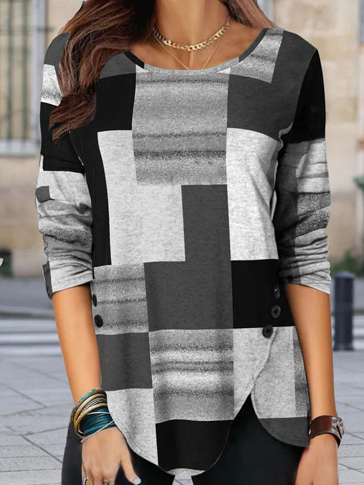 Damen gemustertes Langarm-Tunika-Shirt mit asymmetrischem Saum und dekorativer Knopfleiste Echoarchiv
