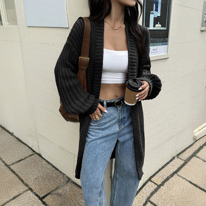 Damen lange Grobstrick-Cardigan mit offener Front und Ballonärmeln – Veloura