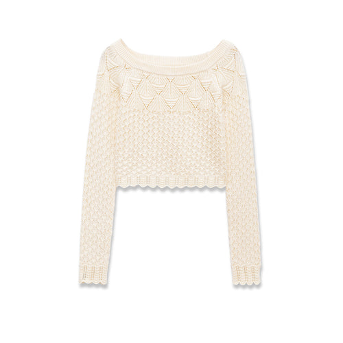 Damen nan gehäkelter Kurzpullover mit weitem Boot-Ausschnitt, feinem Lochstrickmuster und elastischem Bündchen Echo Archiv