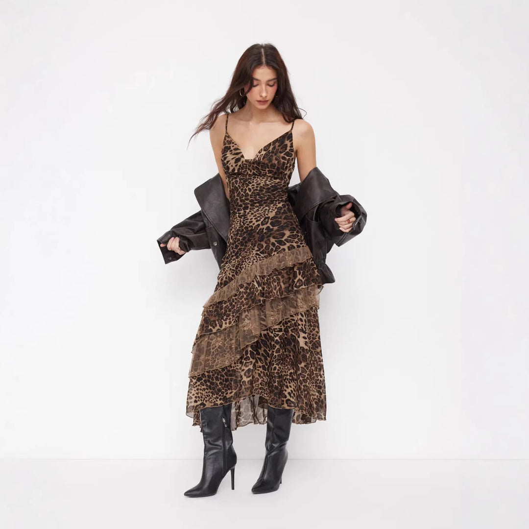 Damen elegantes Midikleid mit asymmetrischem Volant und Animal-Print Echo Archiv