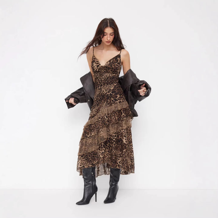 Damen elegantes Midikleid mit asymmetrischem Volant und Animal-Print Echo Archiv