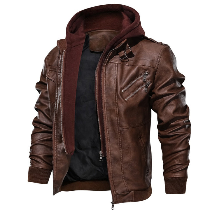 Herren Lederoptik-Utility-Jacke mit Kapuze, Reißverschlusstaschen und Rippbündchen – Taviero