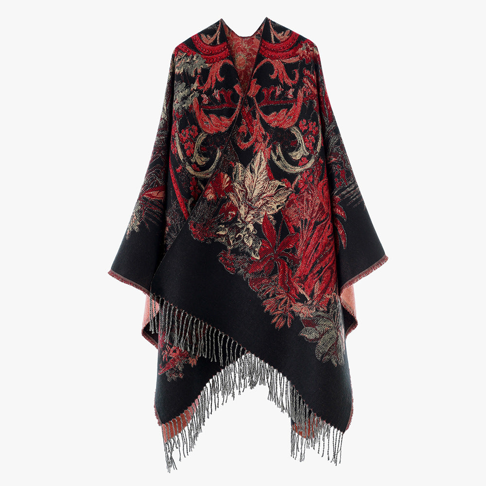 Damen Ornamentaler Jacquard‑Überwurf im Cape‑Stil mit Fransensaum – Avérine